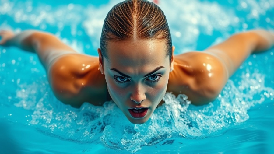 Focused swimmer performing butterfly stroke in bright pool, capturing dynamic action.