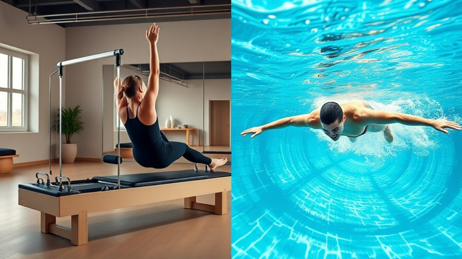 Dual image of Pilates and freestyle swimming for strength training.