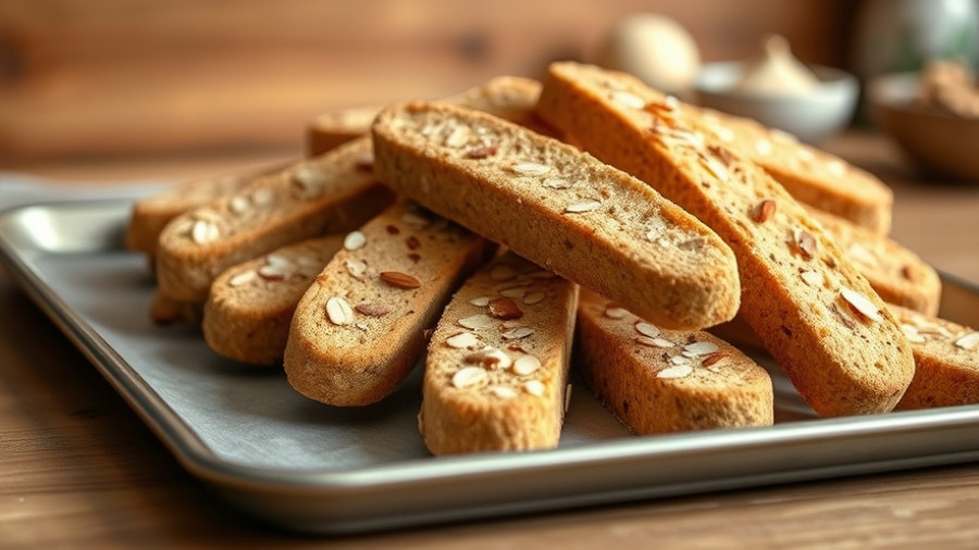 Rustic almond flour biscotti recipe with ingredients list overlay.