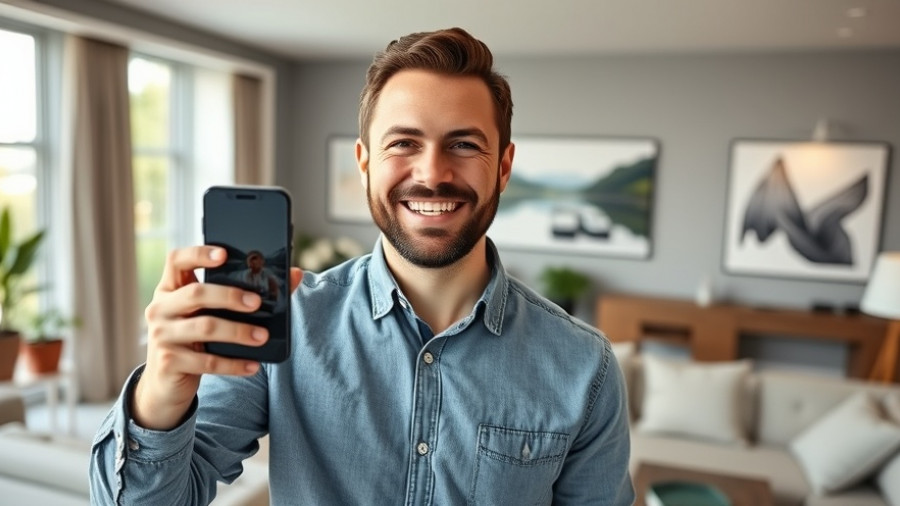 Smart Home Technology Benefits displayed by a smiling man in a modern living room.