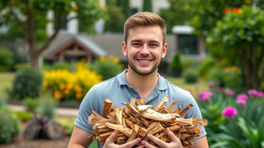 Young man with wood chips in a vibrant garden promoting free wood chips.