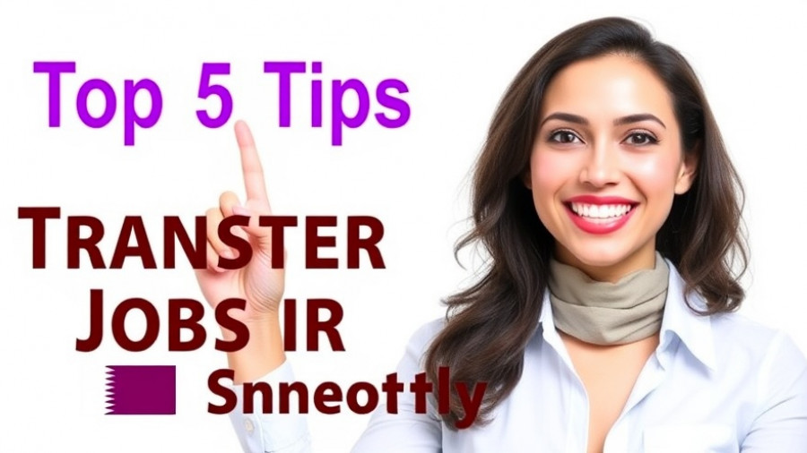 Smiling woman promoting job transfer tips in Qatar, graphic layout.