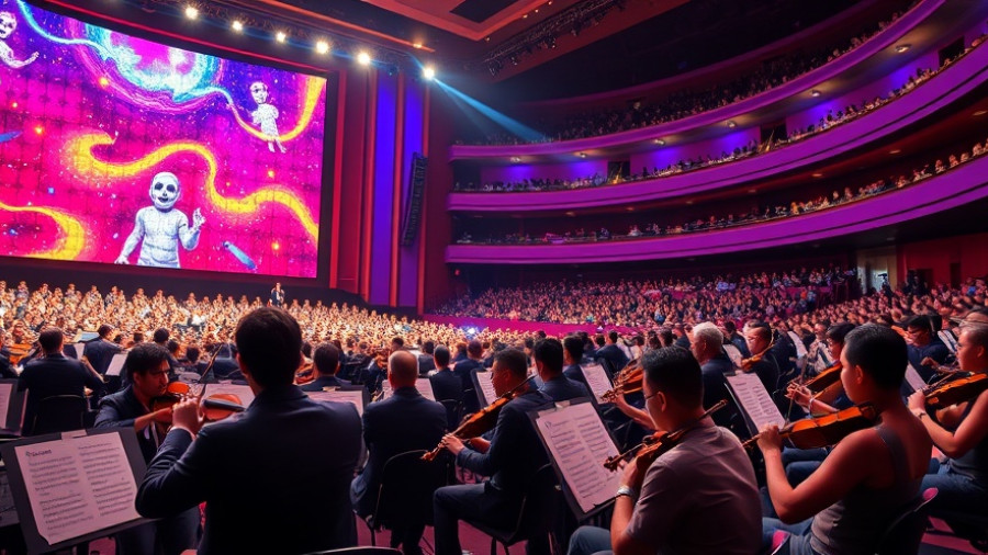 Qatar Philharmonic Orchestra performing with colorful digital backdrop