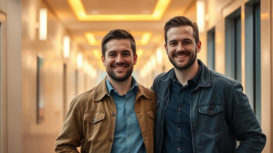 Two men smiling in modern hallway after a comedy show in Qatar.