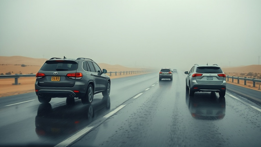 Rain in Qatar on 14 October 2025, SUVs on wet highway.