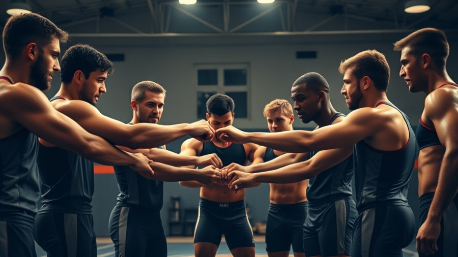 Athletes in Greco-Roman wrestling practice, joining hands in the gym.