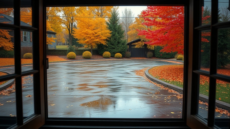Tranquil autumn view through window with colorful foliage and wet driveway.