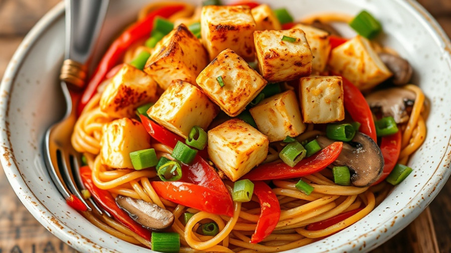 Crispy tofu stir fry with colorful vegetables and noodles in a bowl.