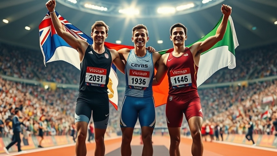 Fastest man in the world on podium with competitors, celebrating victory.