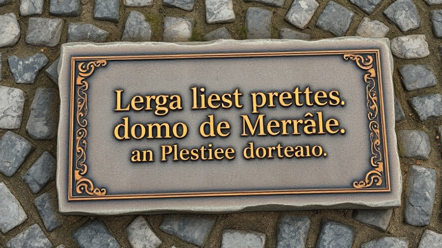 Worn plaque with translation message on cobblestone ground.