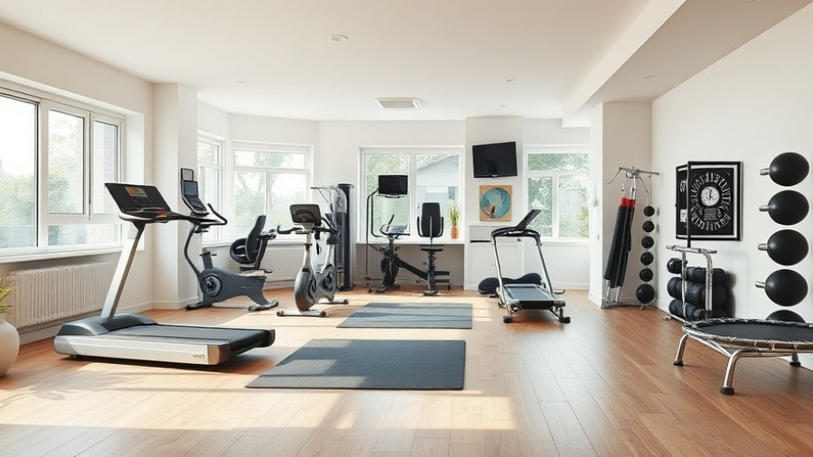 Modern home gym setup with equipment and large windows.