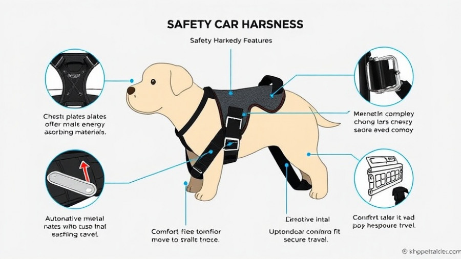 Dog car harness safety features diagram.
