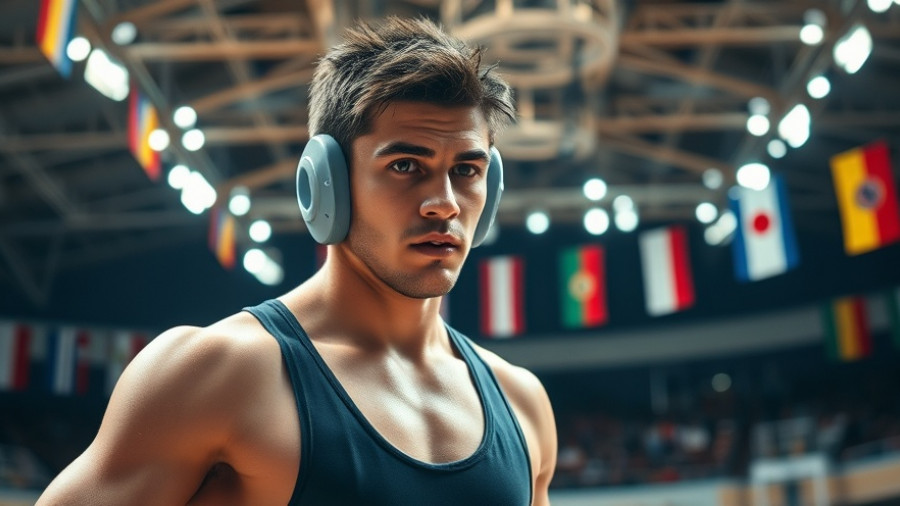 Wrestler preparing for match in arena with flags, five-point throw focus.