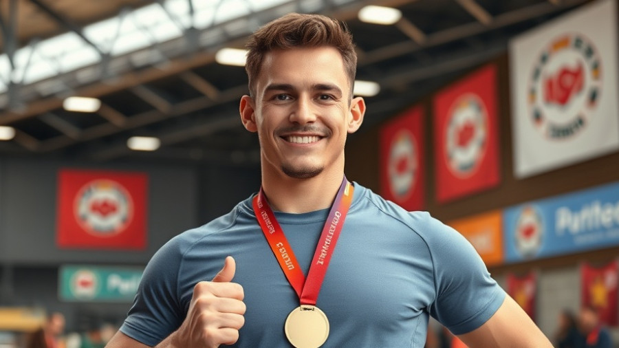 Athletic man with medal, confidence at sports event, Earned it in Sports