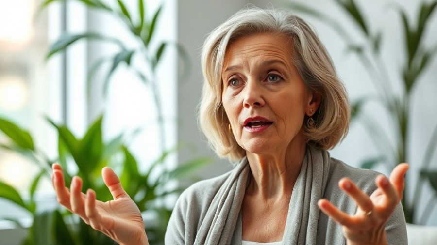 Expressive woman discussing menopause rage indoors.