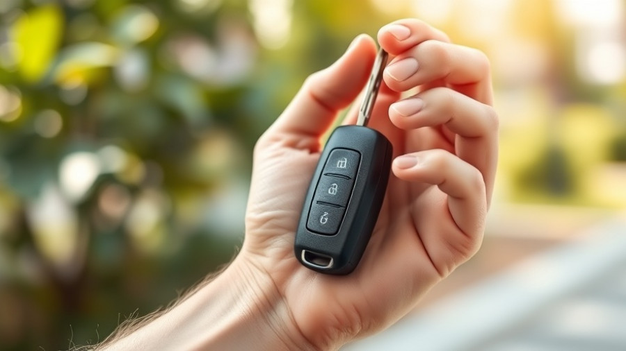 Close-up hand holding a car key, renting vehicles while relocating.