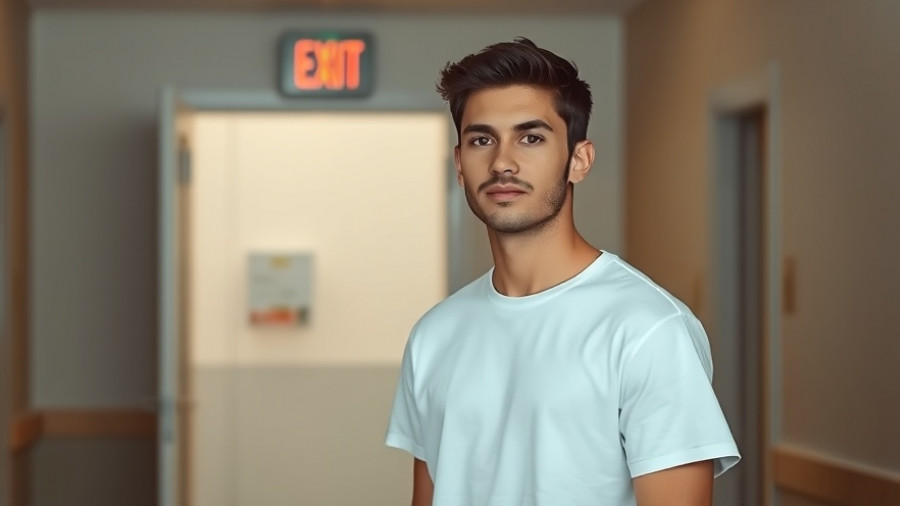 Casual young man indoors near an exit, discussing track and field.