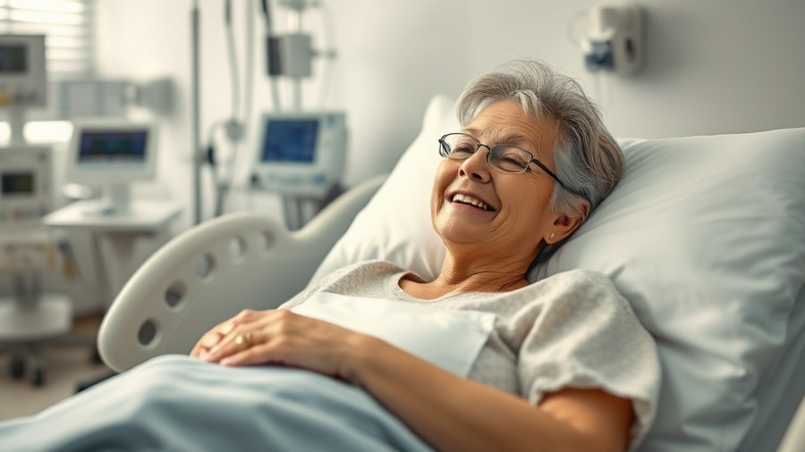 Middle-aged woman recovering from hip replacement surgery in hospital bed.