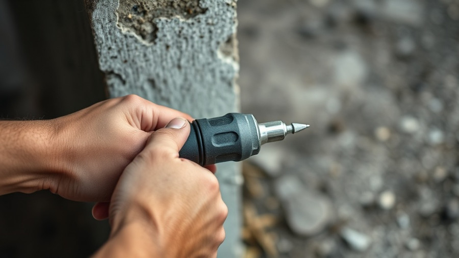 Using smart tools for homeowners on concrete wall close-up.