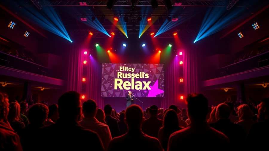 Russell Peters Qatar Show vibrant stage with audience silhouettes.