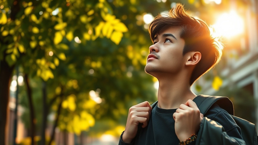 Young man on city street adjusting backpack, moving to New England.
