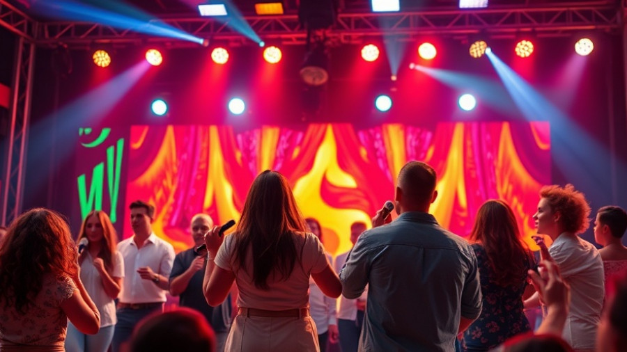 Dynamic stage performance by singers in Qatar, colorful lighting.