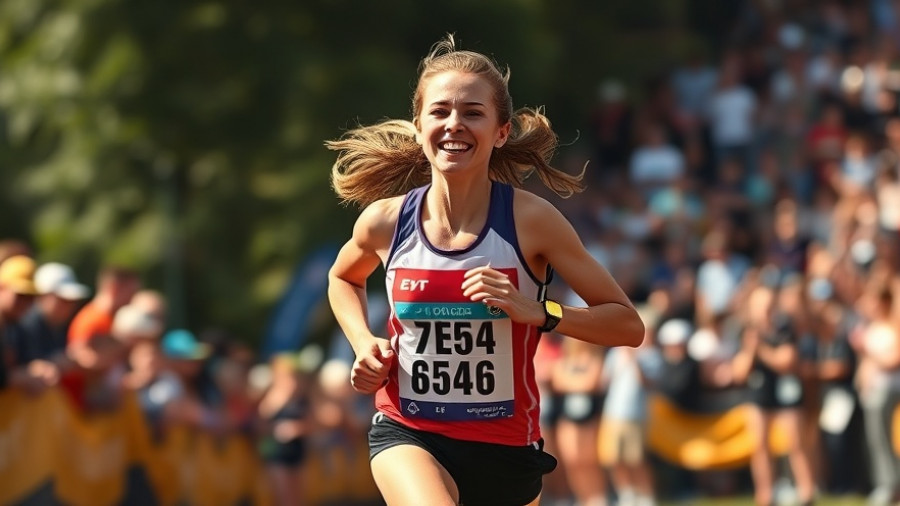 NCAA cross country runner celebrating amidst a blurred crowd.
