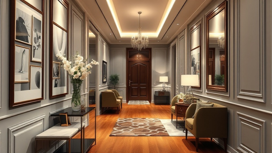 Chic home decor ideas in an elegant modern hallway with artwork and flowers.