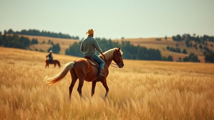 Casual rider on a horse in a serene countryside setting.