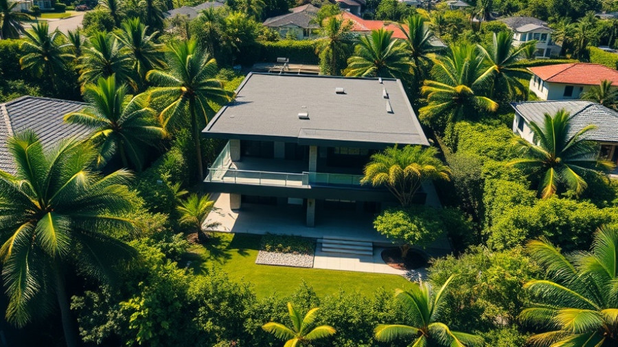 Modern tropical living house with lush greenery, aerial view.