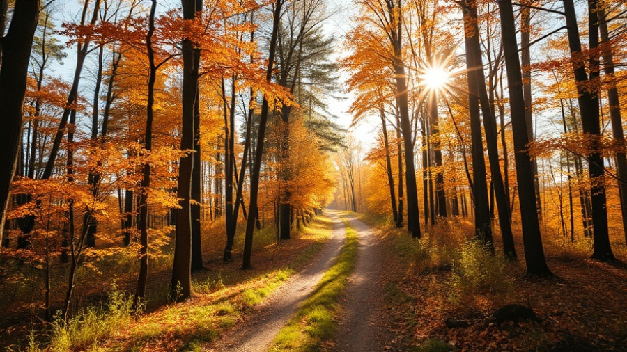 Serene autumn forest path in soft sunlight, Family Lifestyle Essentials.