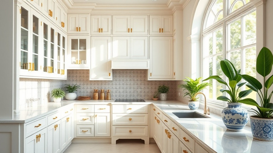 Bright kitchen with white cabinets and gold handles for home decor inspiration.