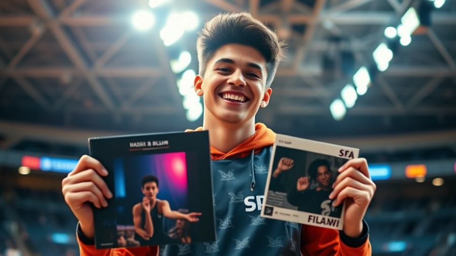 Smiling young athlete promoting pre-match hype song in sports arena.