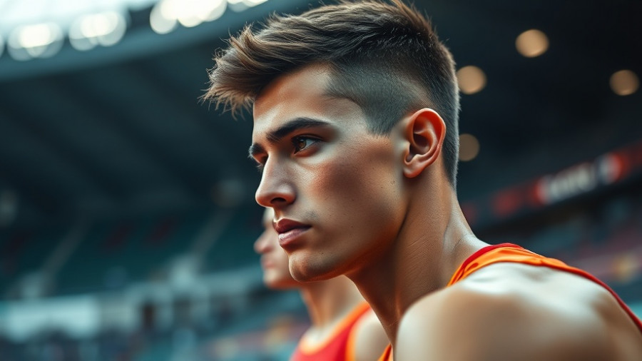Athlete prepares for competition, showing intense focus in stadium.