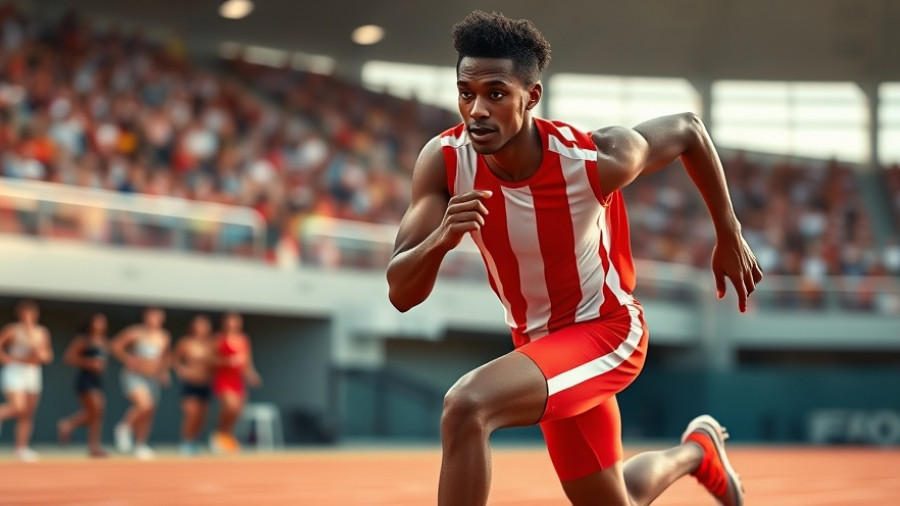 Sprinter in red striped uniform running in GaGout 400M race.