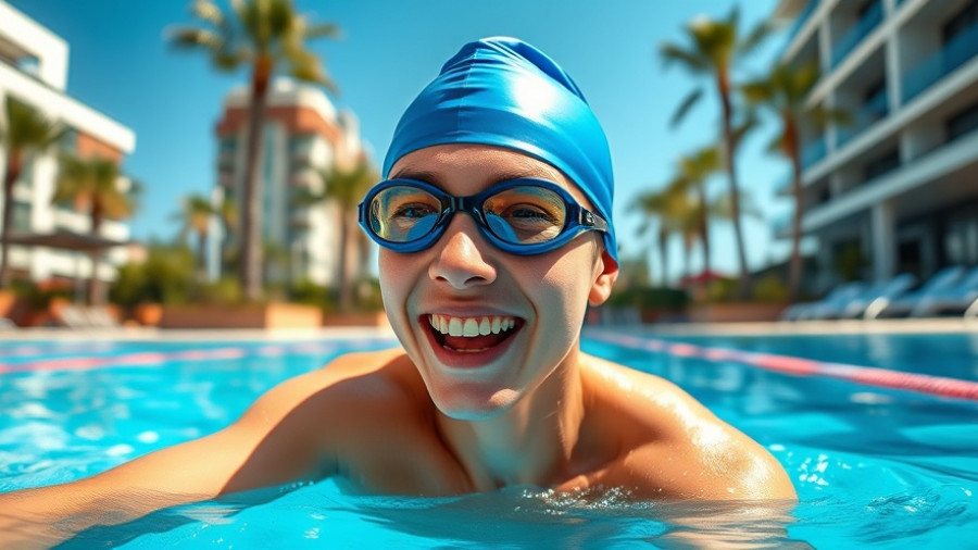 Swimmer celebrating World Swim Day in poolside urban setting.