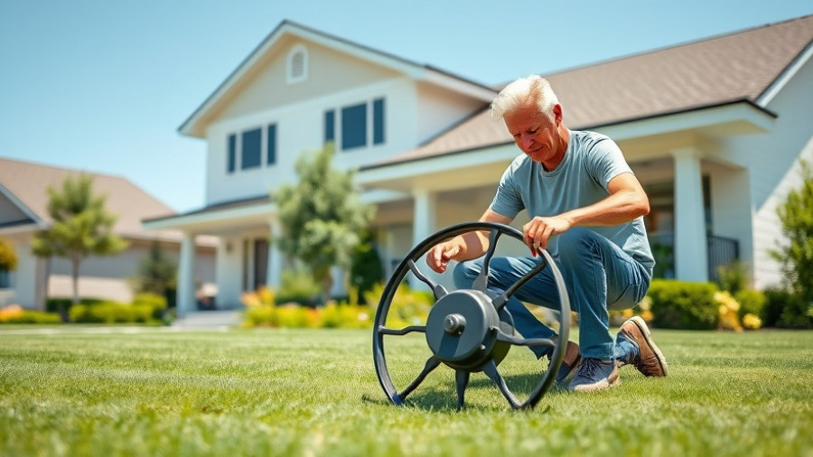 Man using aeration wheel for lawn care in suburban setting.