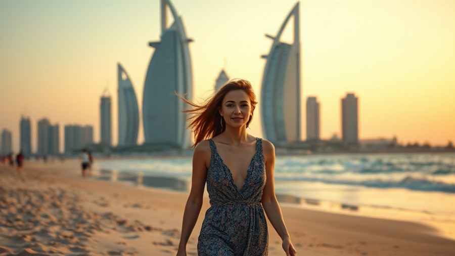 Dubai transformation with iconic skyscrapers and beach scene.