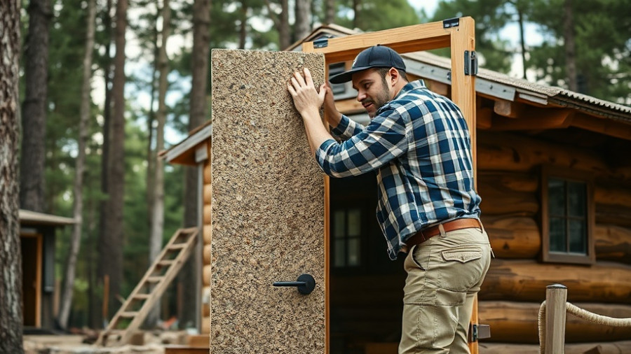 Man installing DIY foam door on rustic cabin