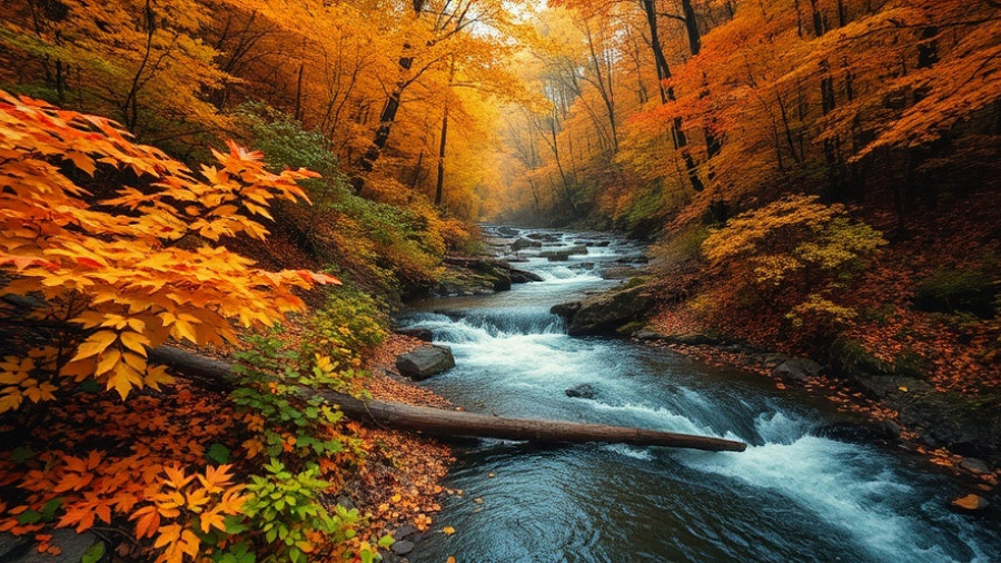 Fall Scenery Franklin NC: river cascades through vibrant fall foliage.