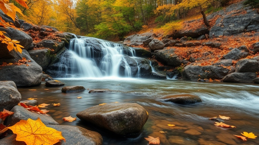 Vibrant fall scenery around Franklin NC with cascading waterfall and autumn leaves.