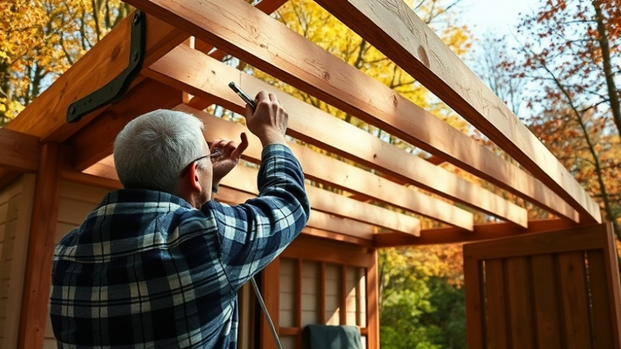 Person working on shed roof extension in natural setting.
