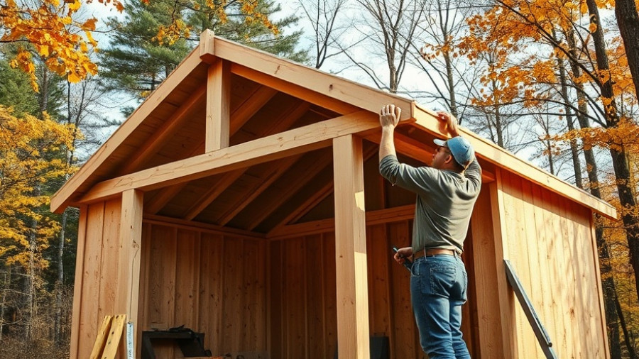 Construction worker extends shed roofline in wooded area.