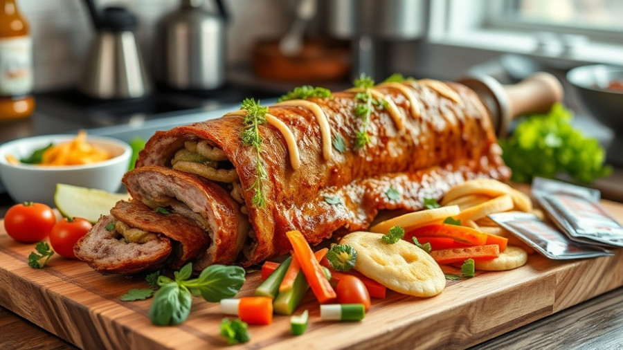 Longest Shawarma in Qatar displayed with condiments and vegetables.