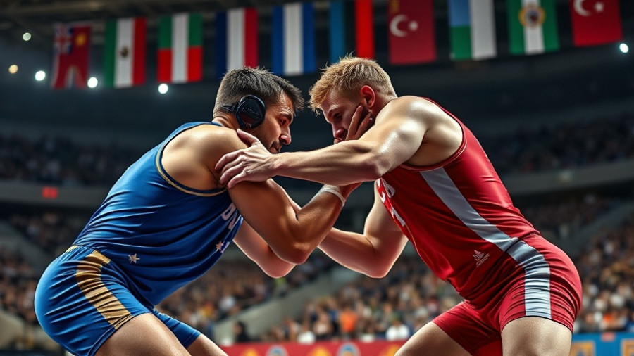 Mihalcean vs. Magamadov wrestling match in vibrant sports arena.