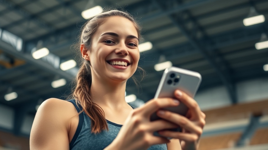 Young female athlete holding a smartphone post competition meal in sports venue.