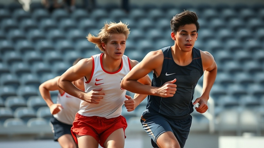 2025 Boys High School All-America Team athletes sprinting intensely on a rainy track.