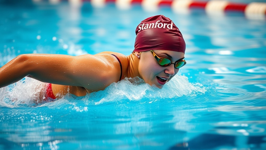 Swimmer at Avery Duals competing in a vivid indoor pool.