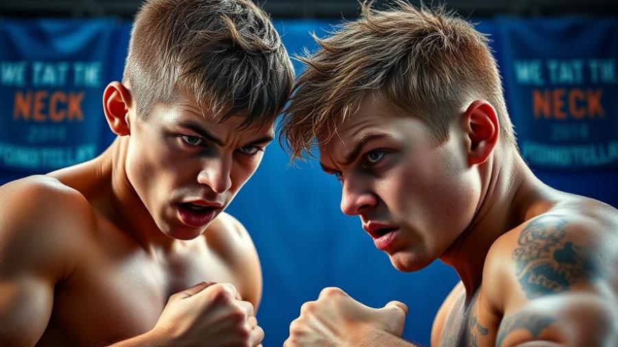Intense young wrestlers preparing for U23 Wrestling Championships gold match.