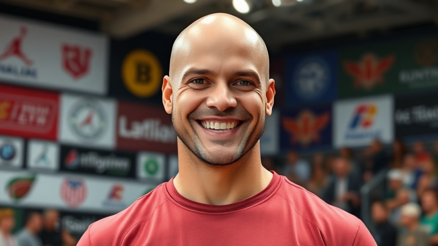 Sports event with man smiling in front of event logos.